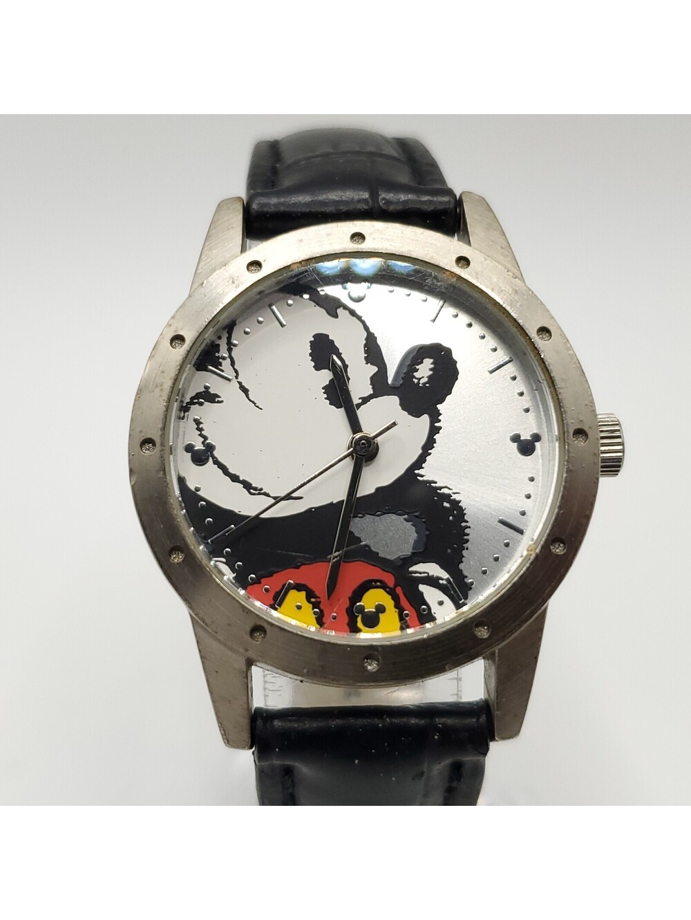 Disney Mickey Mouse Limited Release Watch New Battery Silver Tone Black Leather